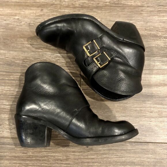 Robert Cleregie Leather Ankle Boot 5.5 Black Double Gold Brass Buckle Block Heel - Picture 3 of 13